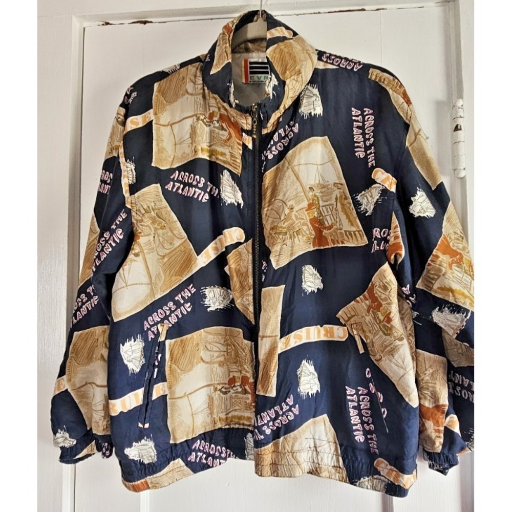 VTG EVR 100% silk bomber jacket travel-themed‎ " Across the Atlantic womens PL
